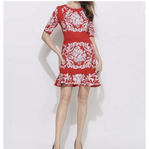 Beautiful Red Embroidered 100% Silk Double Lining Accent Dress Size 36 - Picture 1 of 10